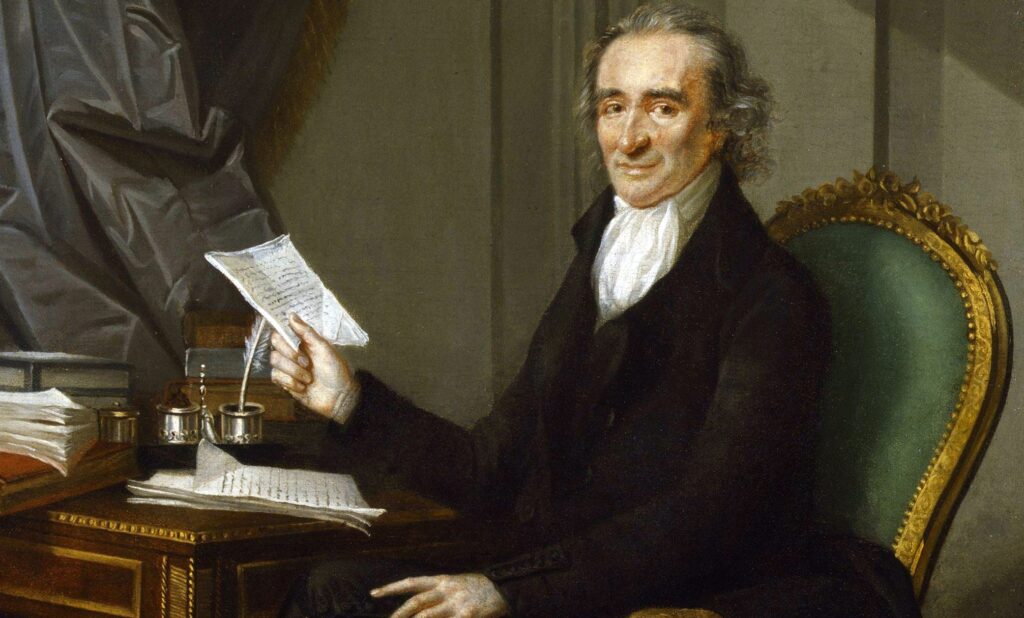 Portrait of Thomas Paine holding manuscript pages