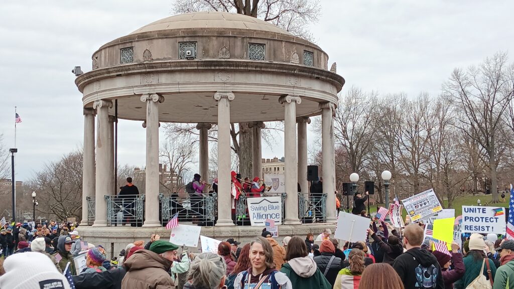 Jazz band at Boston Common bandstand at April 5, 2025 protest