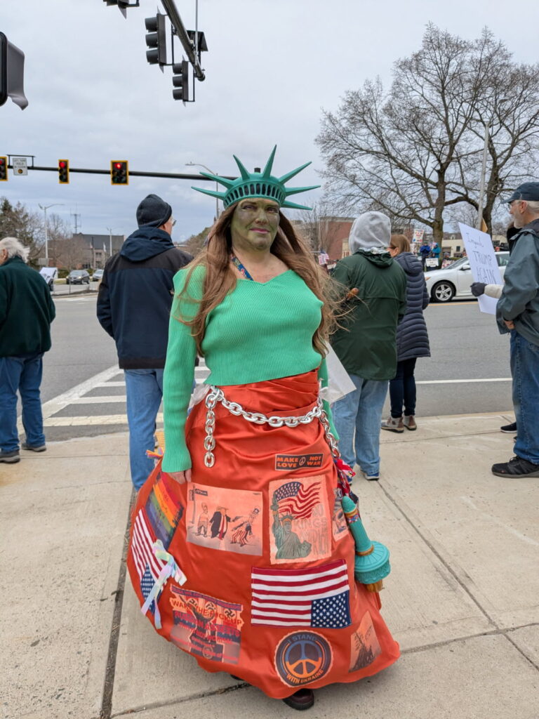 Statue of Liberty cosplayer from Haverhill, Mass. rally, April 5, 2025