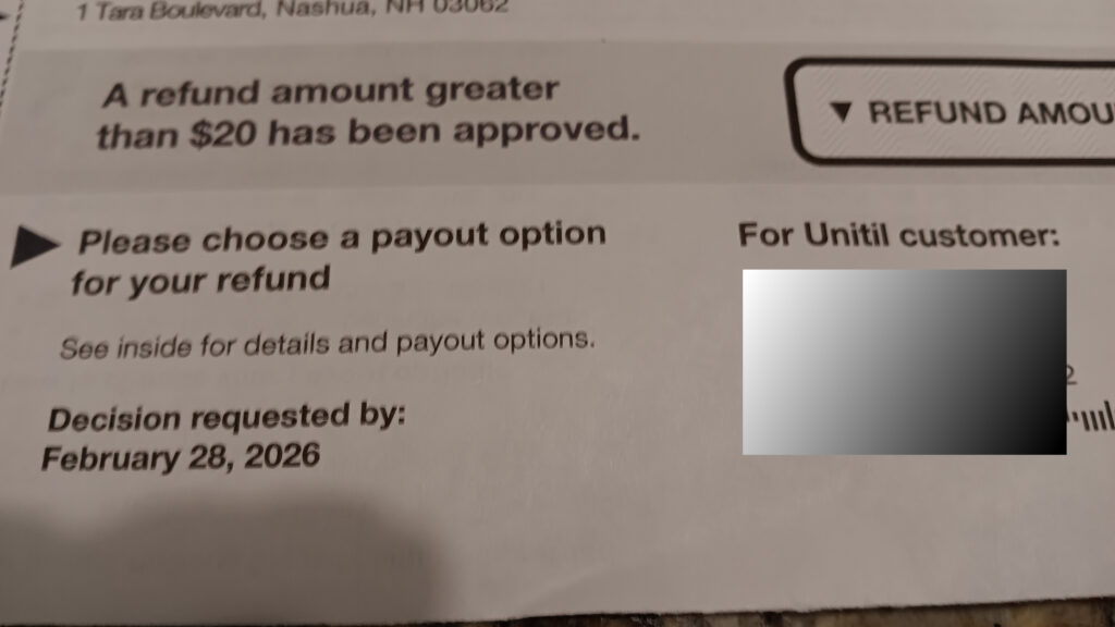 Mailing from SmartEnergy allegedly offering a $100 refund to a Unitil customer
