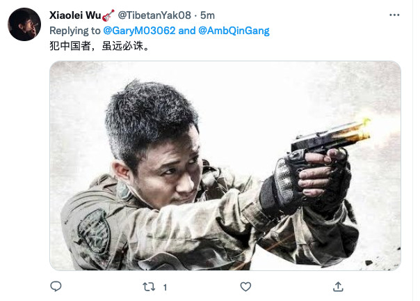 Tweet by Xiaolei Wu, replying to me and pointing a gun. Text translates as "Those who commit crimes against China will be punished even if they are far away."