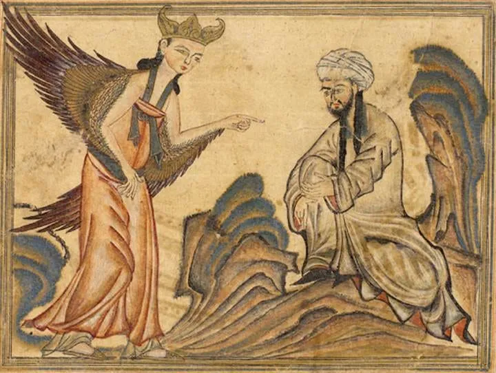 14th century Islamic art showing Muhammad receiving Quranic revelation from the angel Gabriel