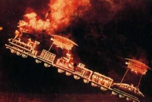 Flying train with red steam coming from locomotive