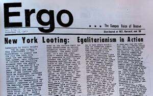Partial front page of Ergo, Sept. 14, 1977. Top headline: "New York Looting: Egalitarianism in Action."