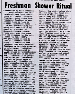 Article in Ergo, Oct. 5, 1977: "Freshman Shower Ritual"