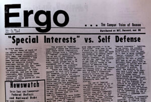 Partial front page of Ergo, Oct. 12, 1977. Top headline: "'Special Interests' vs. Self Defense."