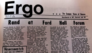 Partial front page of Ergo, Apr. 19, 1978. Top headline: "Rand at Ford Hall Forum."