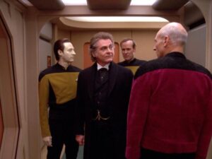 Star Trek:TNG scene with Data, Holodeck-generated Moriarty, other actor, and Picard