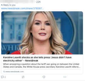 Thumbnail screenshot from Bluesky with headline "Karoline Leavitt shocks as she tells press 'Jesus didn't have electricity either' — NewsBreak"