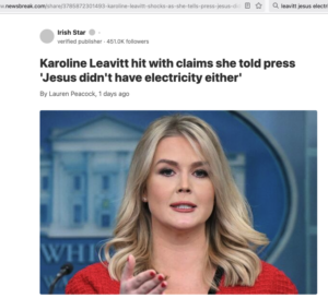 Screenshot from Newsbreak on February 2 with headline, "Karoline Leavitt hit with claims she told press 'Jesus didn't have electricity either'